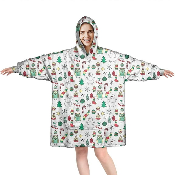 Wearable Oversized Blanket,White Christmas Icon Pattern Wearable Blanket Hoodie for Adults,Cozy Hooded Blankets with Super Pockets,Super Warm Fuzzy Pullover for Women & Men