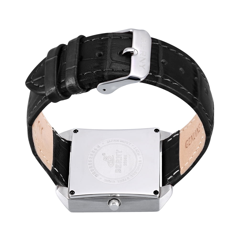 BERNY Square Watches for Men, Vintage Quartz Analog Leather Watch with Date Calendar, Stainless Steel, Waterproof, Dress Mens Wrist Watch Gifts (White)