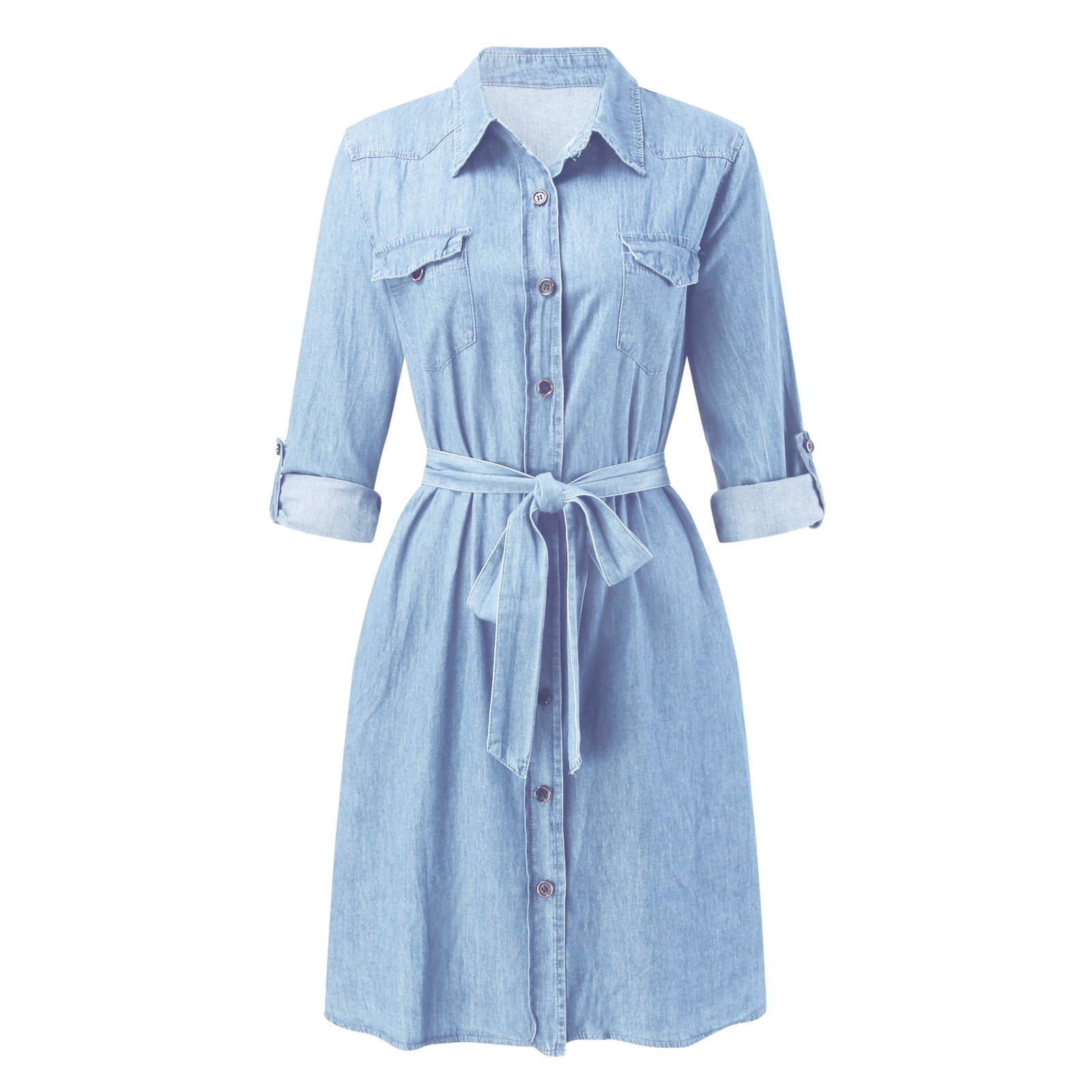 Women's Elegant Solid Color Casual Lapel Long Sleeve Nail Button Open Chest Waist Tie Denim Dress Athletic Dresses Wrap Maxi Dress Long Dress Casual for Women Long Dress for Women Summer Ruffle Dress