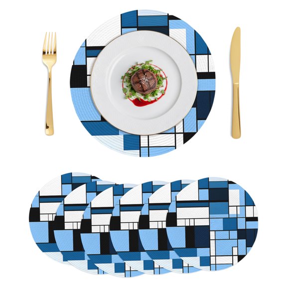 Round Placemats Blue Black Squares 15 inch Set of 6 Table Mats for Dining Table Abstract Geometric Art Heat Resistant Non-Slip Kitchen & Home Decorative Place Mat Set