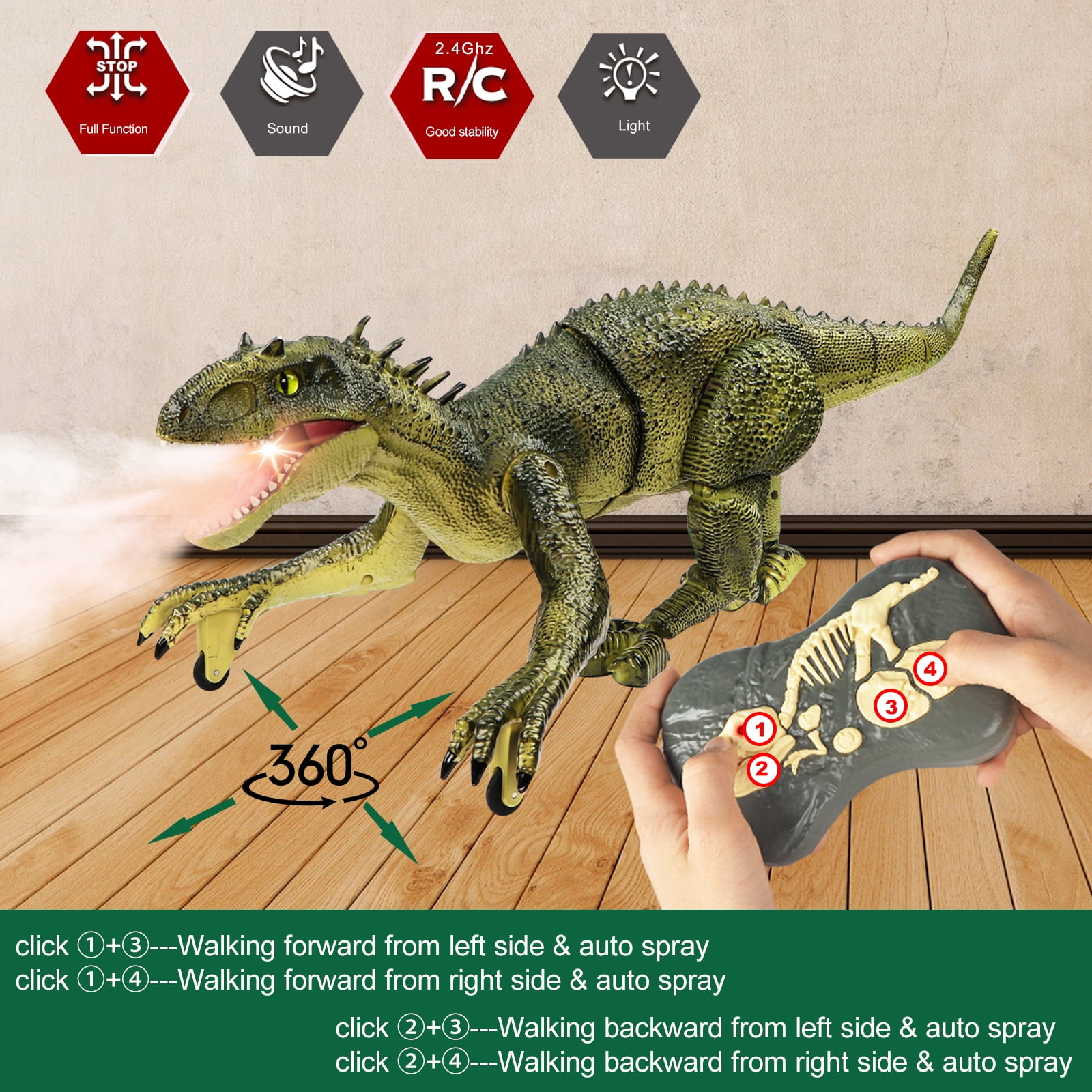 Contixo Remote Control Dinosaur Toy, Light Up Infrared RC Electronic Pet T-Rex  Dinosaur, Features Walking, Roaring, and Spraying, Gift for Boys 3+ - DB1 