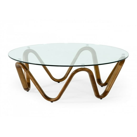 45" Walnut And Clear Glass Abstract Wood Round Coffee Table