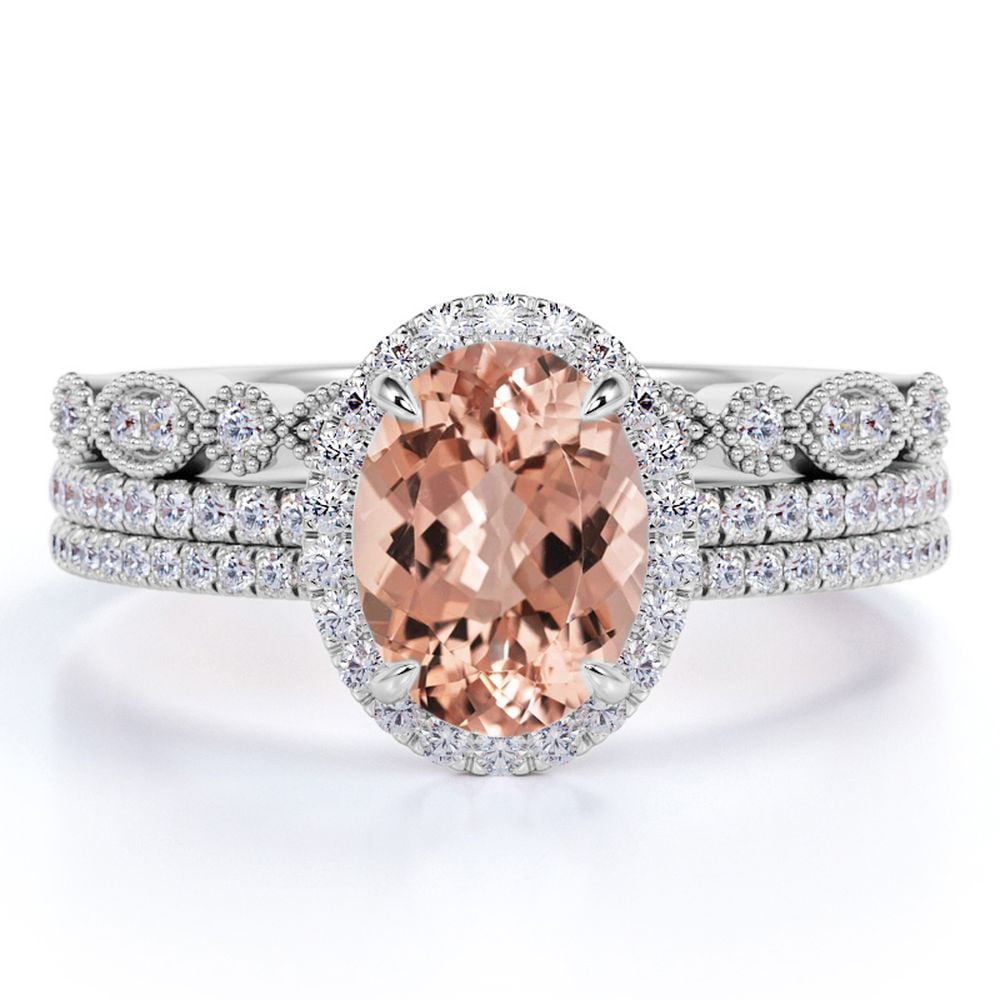 JeenMata Pave Set - 2 Carat Oval Cut Lab created morganite and Moissanite - Halo - Filigree Milgrain Trio Bridal Set - White Gold Plating over Silver