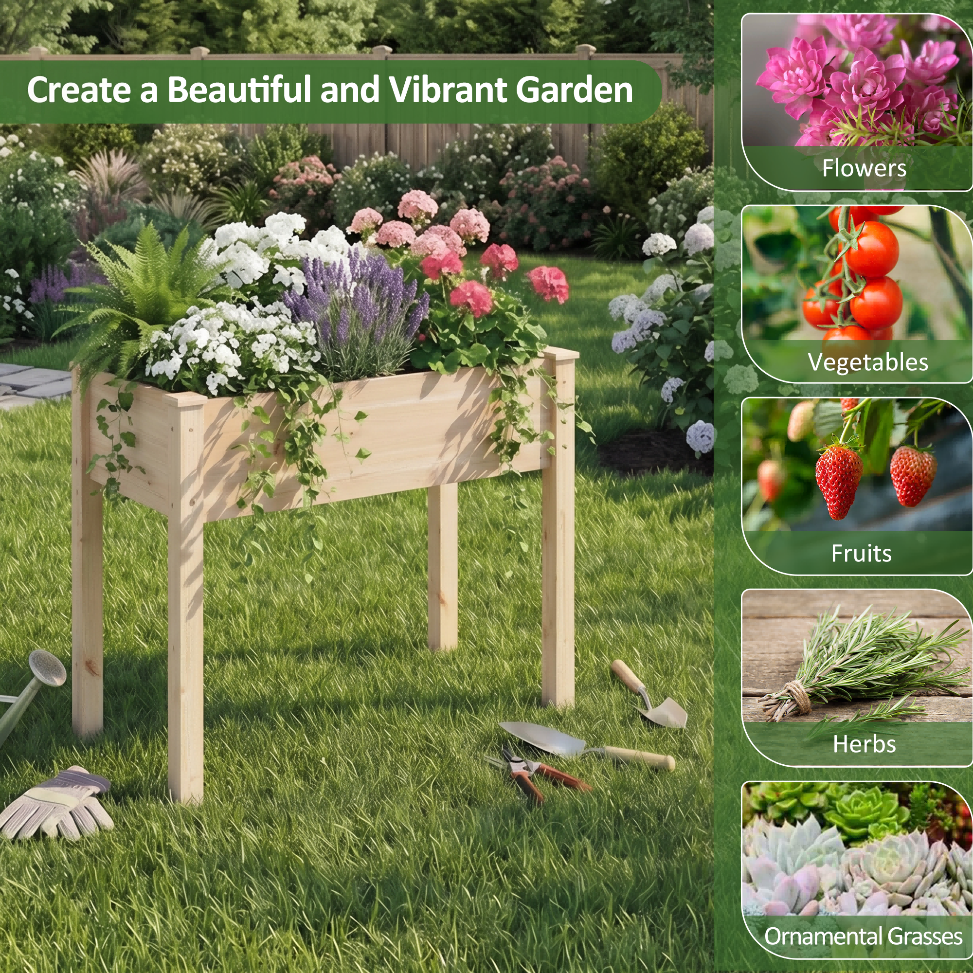 LIFERECORD Wooden Raised Garden Bed with Legs, 34"L X 18"W X 30"H, Elevated Reinforced Large Planter Box for Vegetable Flower Herb Outdoors, Wood