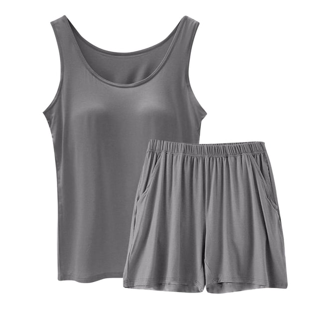 Lixiuxyad Women Spring And Summer Casual Solid Color Padded Tank Top Shorts Set Home Pajamas Set Gray