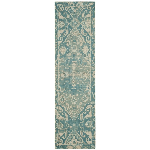 SAFAVIEH Restoration Vintage Eunice Border Wool Runner Rug, Light Blue/Ivory, 2'3" x 8'