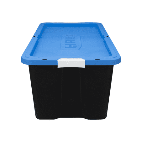 HART 40 Gallon Latching Plastic Storage Bin Container, Black with Blue Lid