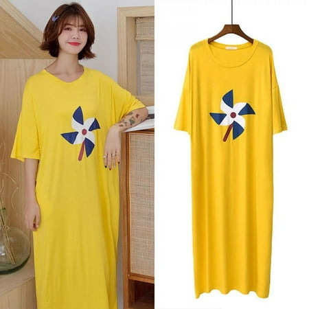 

Pretty Comy Summer Short-sleeved Nightdress Cute Cartoon Sweet Dress Large Size Loose Home Nightdress Yellow M