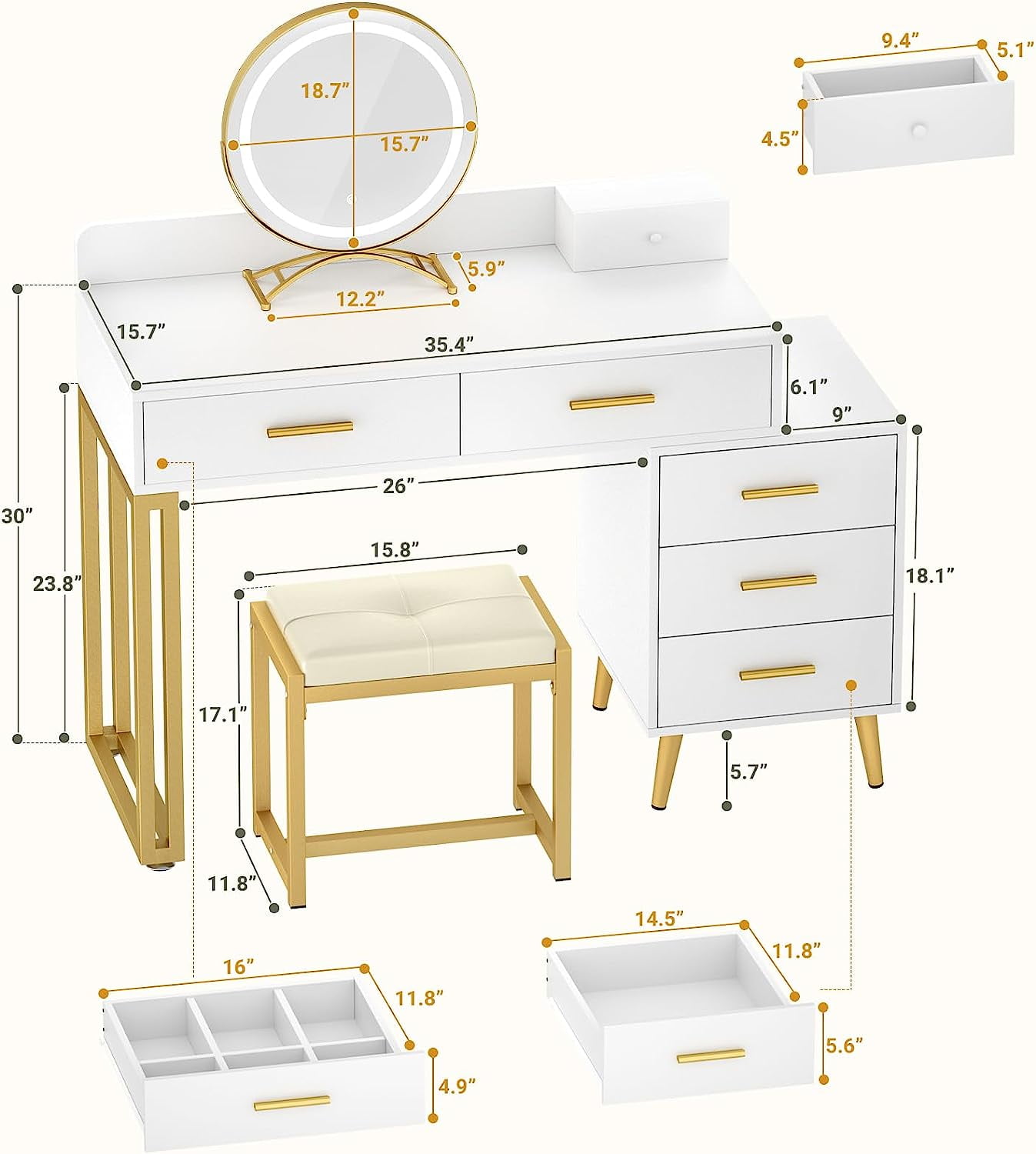 Homieasy White Vanity Desk with Mirror and Lights, Modern Makeup Vanity Table Set with 6 Storage Drawers and Cushioned Stool for Bedroom, Dressing Table with Divided Organizers for Women , White
