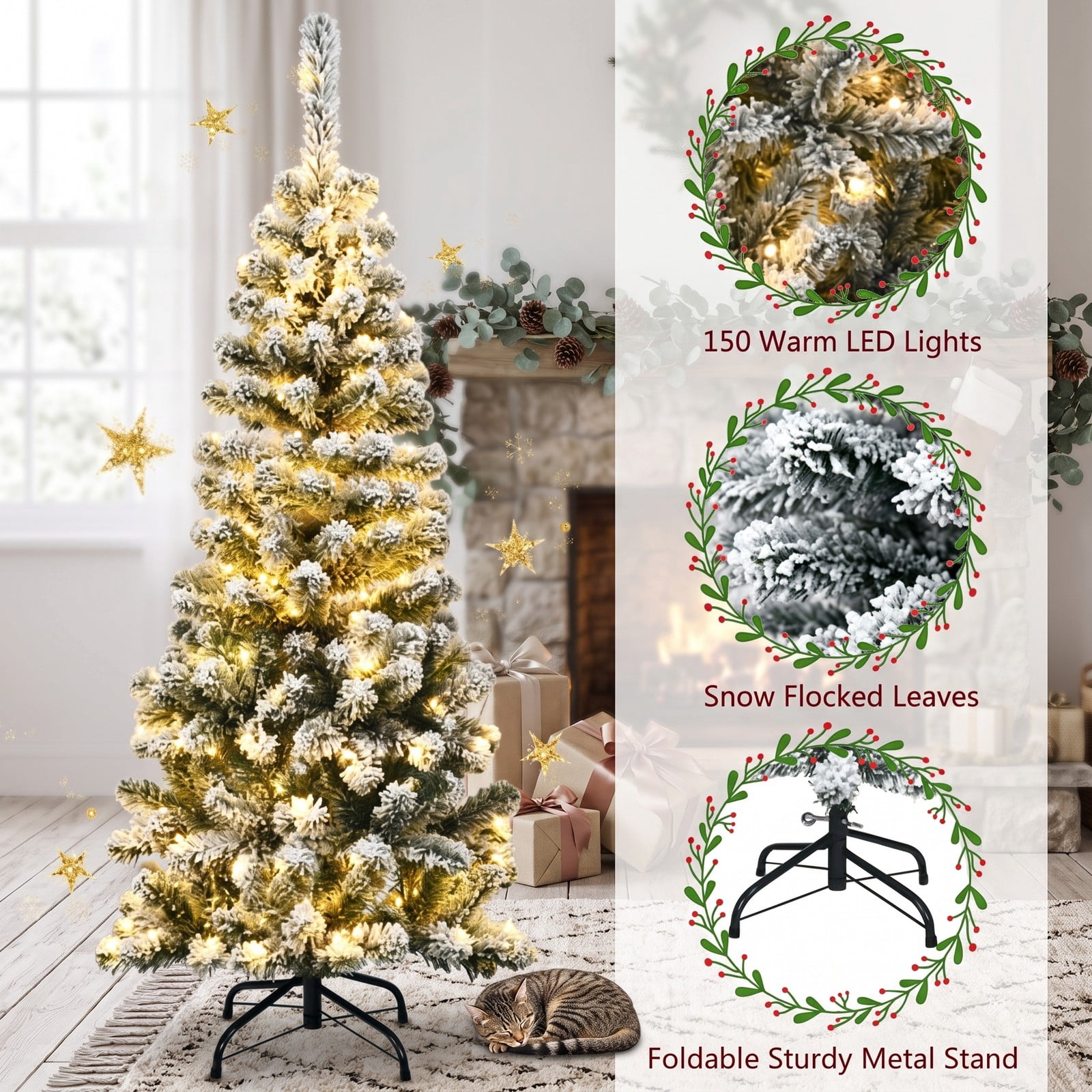 RUIE 4.5 FT Pre-Lit Snow Flocked Pencil Christmas Tree with 150 Warm White LED Lights, 242 Branch Tips, Artificial Slim Xmas Tree with Foldable Metal Stand for, White