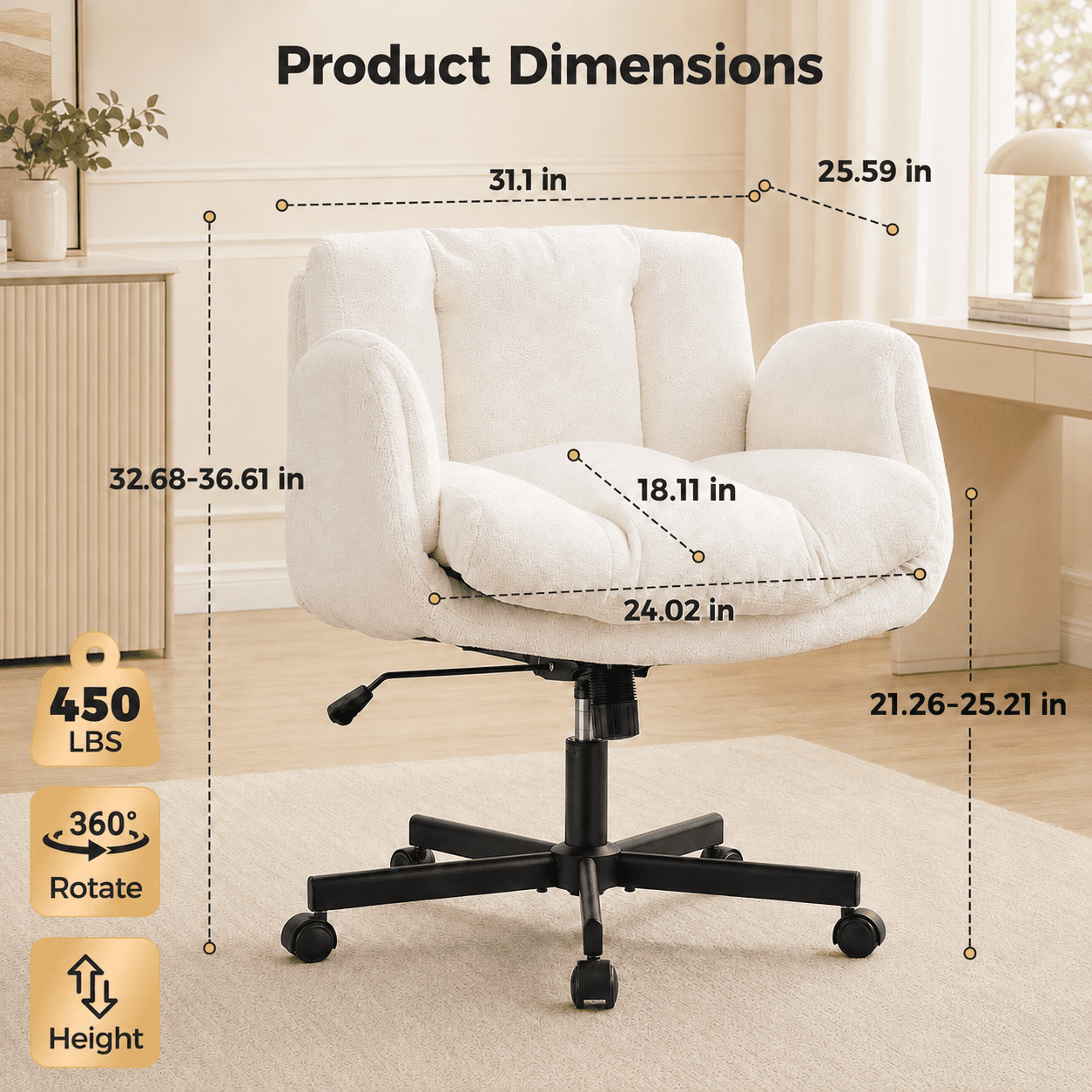 PORKISS Criss Cross Office Chair with Wheels and Foldable Arms, Wide Seat Chenille Swivel Desk Chair, Height Adjustable Vanity Chair for Home Office Bedroom, Beige