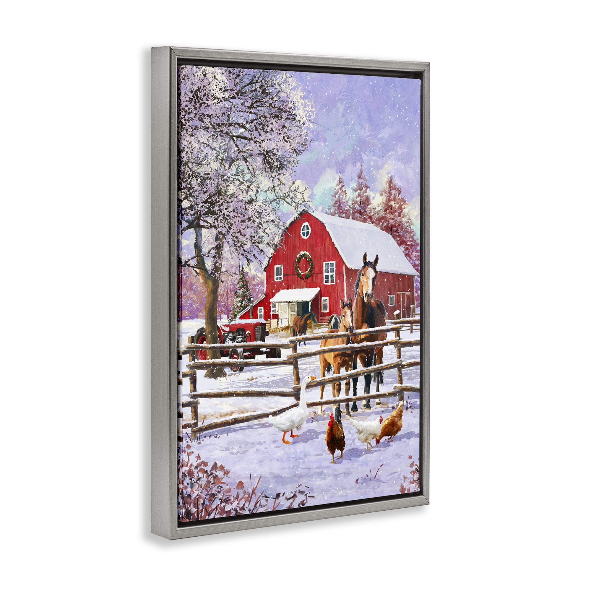 Stupell Industries Winter Farm Scene Holiday Painting Gray Floater Framed Art Print Wall Art, 17 x 25