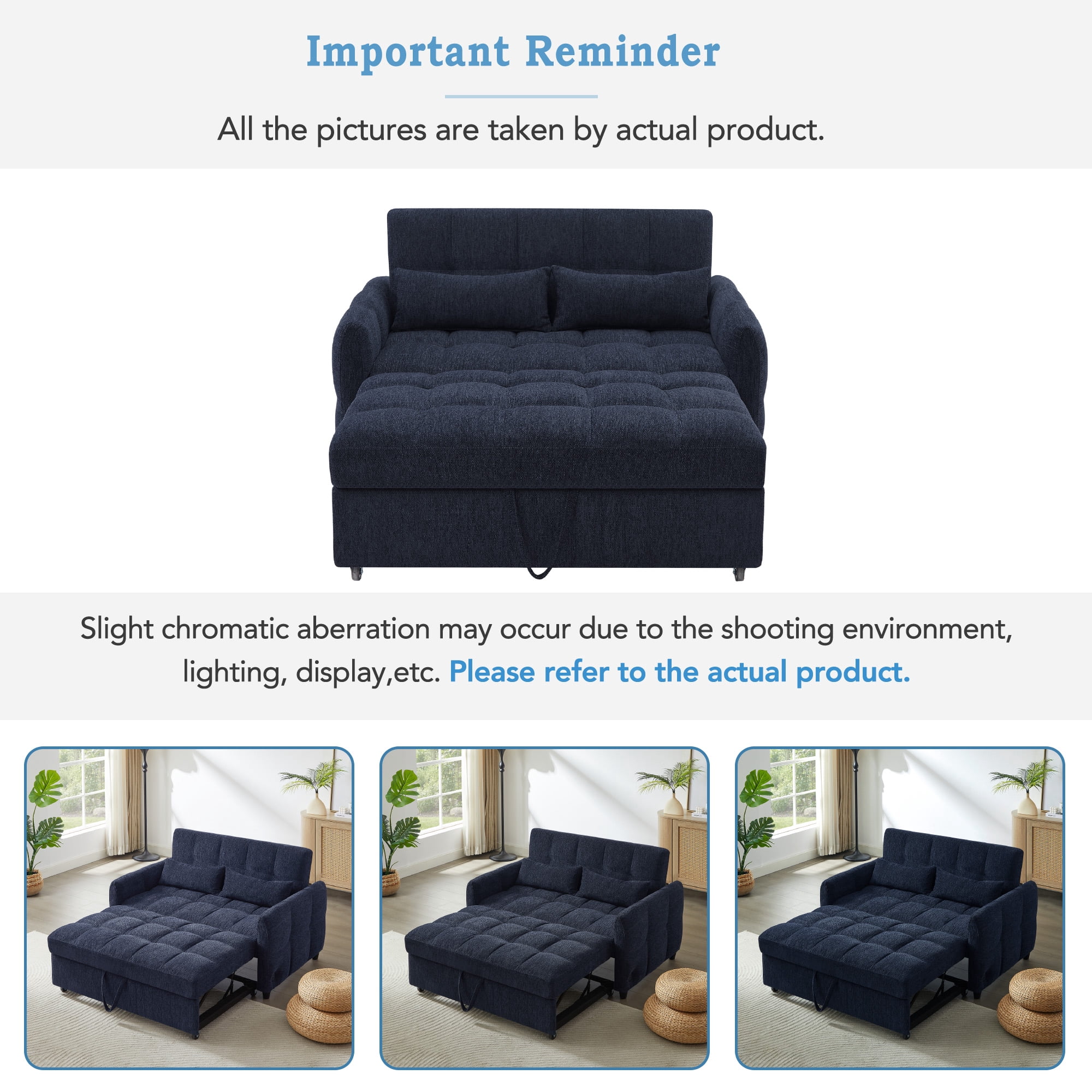 Euroco 52.8" Loveseat Sofa Pull-out Sofa Bed Tufted Sleeper Sofa with an Adjustable Backrest, Three USB Ports and Two Lumbar Pillows for Living Room, Blue