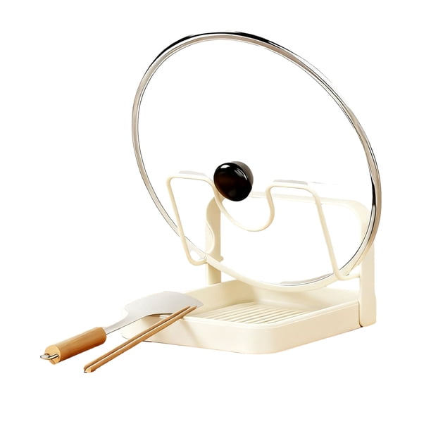 Soporte para tapa de olla con bandeja de drenaje, diseño de ranura en forma de U, organizador de utensilios de cocina de acero al carbono, bandeja de goteo, soporte para tapa de olla