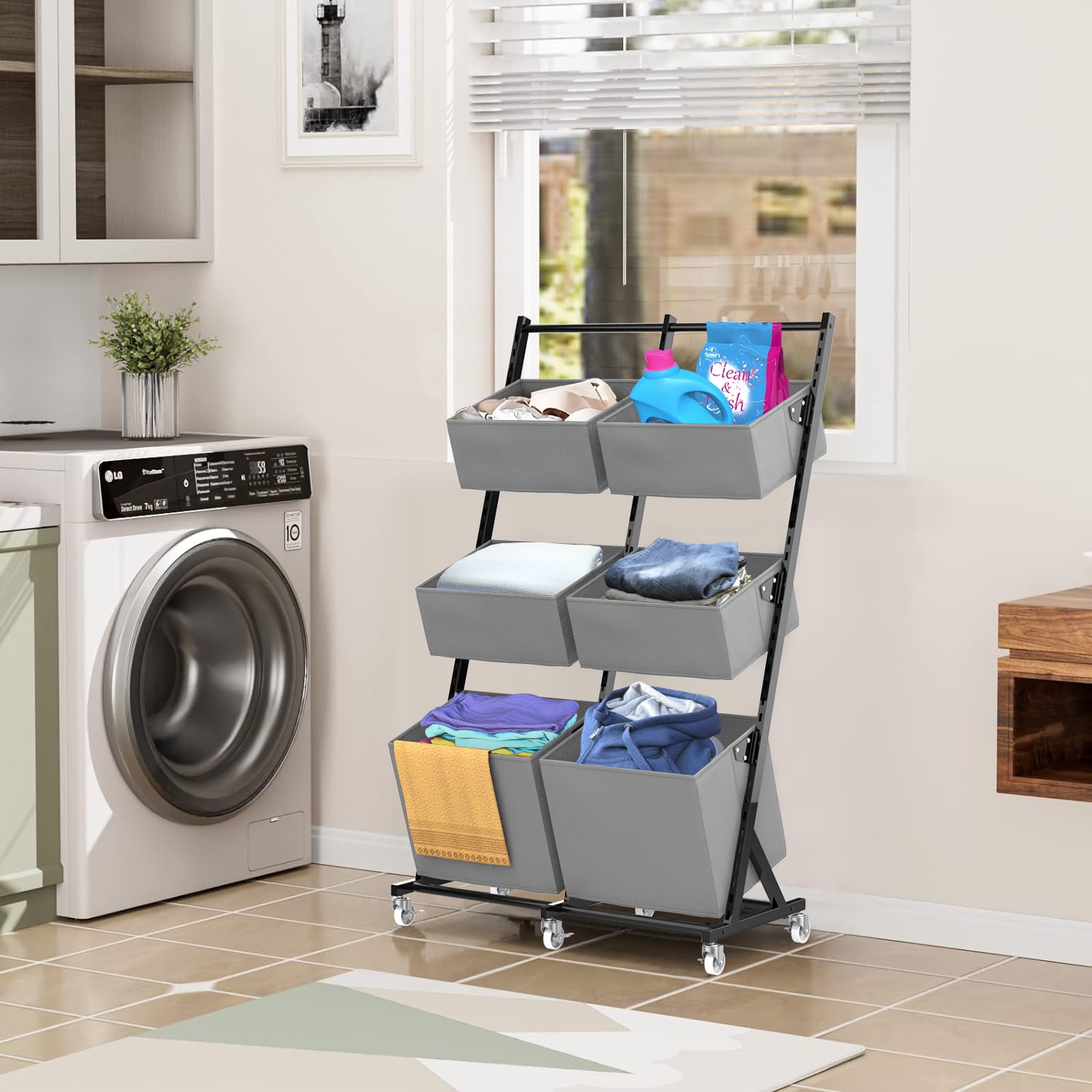 TECHVIDA Rolling Laundry Hamper Sorter, Freestanding Laundry Hamper with 6 Adjustable Storage Baskets for Bedroom,Laundry