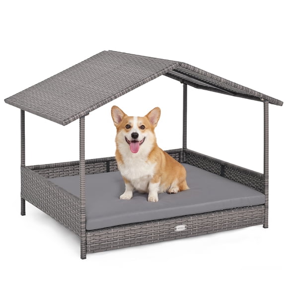 Gymax Wicker Dog House w/ Canopy PE Rattan Dog Bed Waterproof Removable Cushion