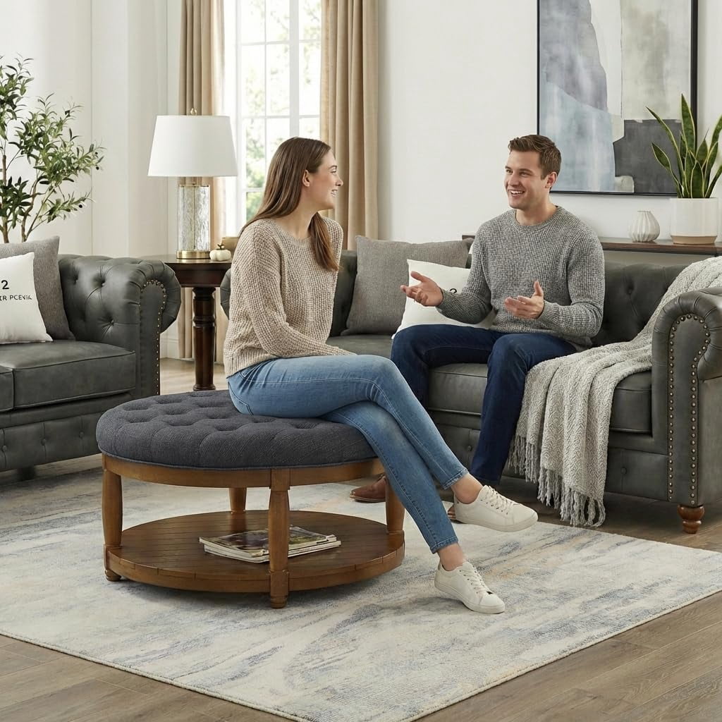 ODUWA Coffee Table Ottoman with Storage Shelf, Tufted Upholstered Footrest Stool, Solid Wood Base Accent Table for Living Room