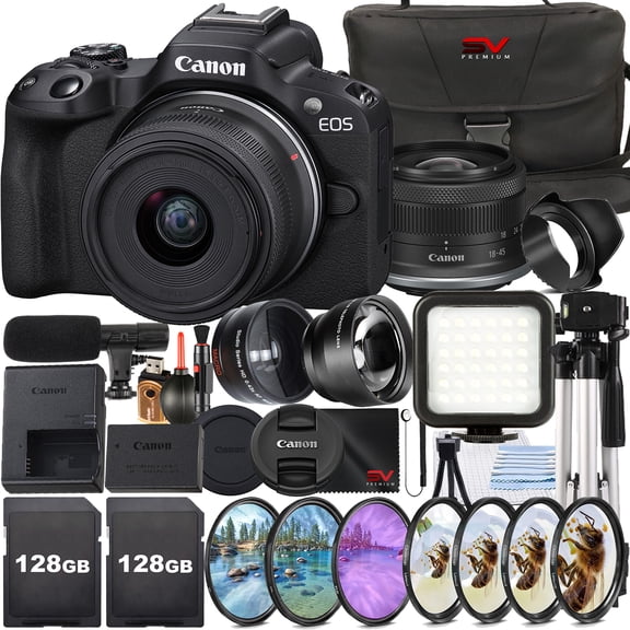Canon EOS R50 Mirrorless Camera with RF-S 18-45mm Lens   2 Pack 128GB Memory Card   Case   Wide Angle   LED Flash   SV Premium Accessory Bundle (International Version)