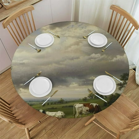

Patifu Cows Grazing Round Table Cover Stain Resistant Washable Indoor Outdoor Tablecloth Kitchen Dining Wedding Parties Waterproof 100% Polyester Fiber 31-35