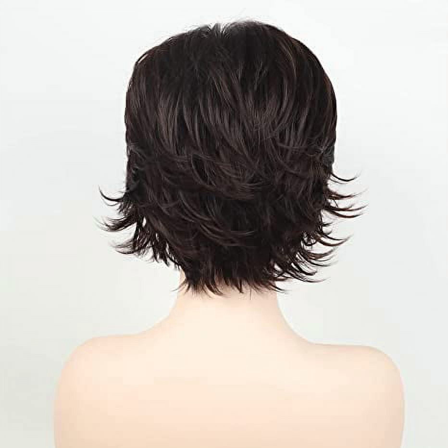 Womens Short Brown Pixie Wig Curly Synthetic Hair with Bangs Natural Wavy Cap