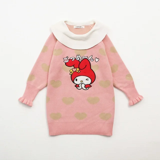 Ropa para niños, vestido para niñas, vestido de punto de dibujos animados de Hello Kitty My Melody, vestido bordado con cuello de loto Kawaii, algodón puro