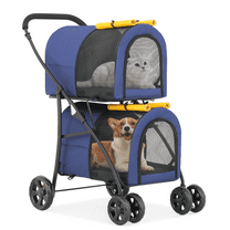 Double Pet Stroller with Detachable Carrier Bags Large 4 Wheels Foldable Jogger for Small and Medium Dog Cats,Navy Blue/Yellow