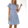 thumbnail image 3 of SAWOBUUN Women Striped Shirt Dress Button Down Short Sleeves Fitted Waist Pleated Casual Summer Mini Dress, 3 of 9
