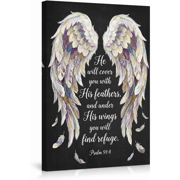 He Will Cover You With His Feathers Wall Art Canvas Prints,Inspirational Angel Wings Poster for Bedroom Living Room Decor,Psalm 91:4 Scripture Art