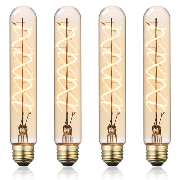 4 pack LED Vintage Spiral Filament Bulb T10, 4.5W 7.17" Tubular Edison Light Bulbs, E26 Base, Dimmable Decorative Bulb, Amber Glass, 2000K Soft Warm