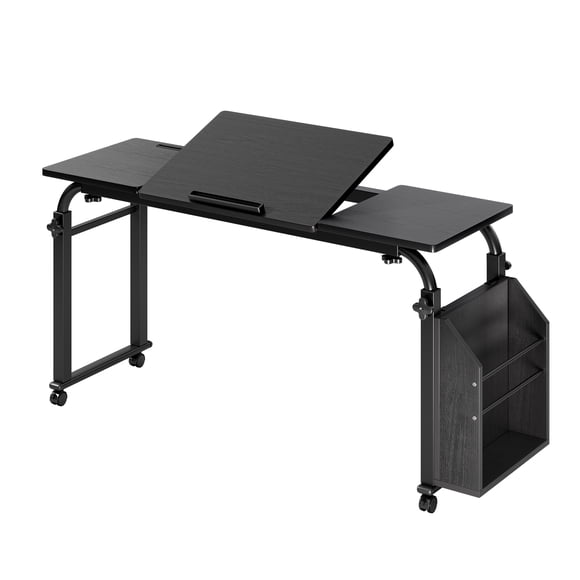 Mesa para Cama con Ruedas Ajustable - Escritorio Móvil de 120 cm con Altura y Longitud Regulables de 32 a 47 Pulgadas - Superficie Inclinable en 5 Posiciones y Estructura de Acero con Acabado Negro