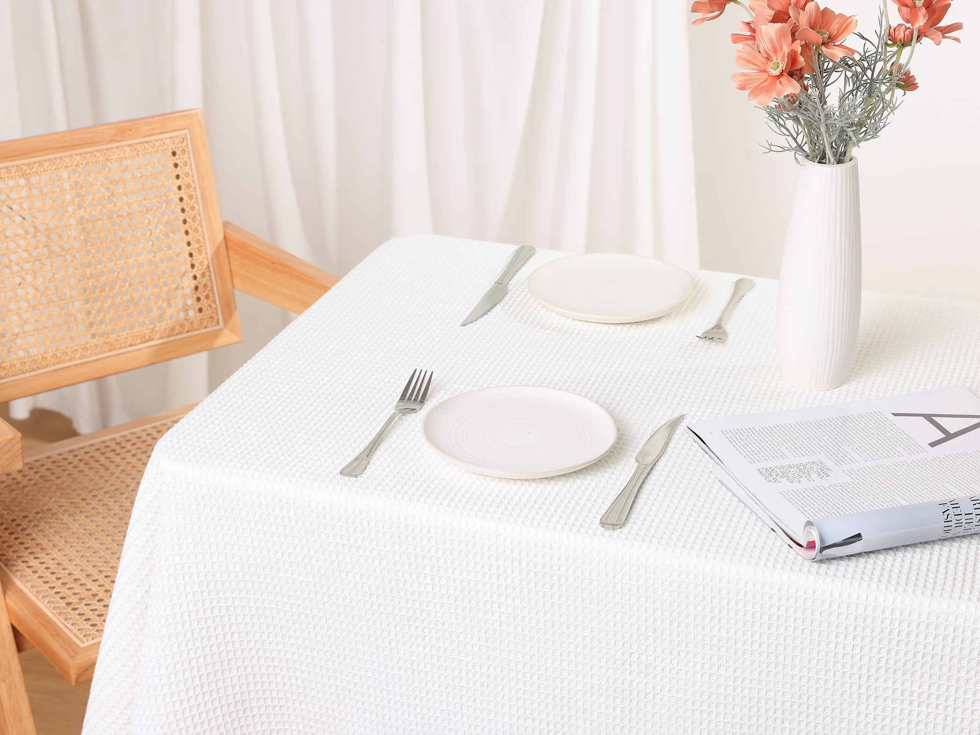 Unique Bargains Rectangle Cotton Linen Table Cover with Tassels for Dining Table White 51"x51"