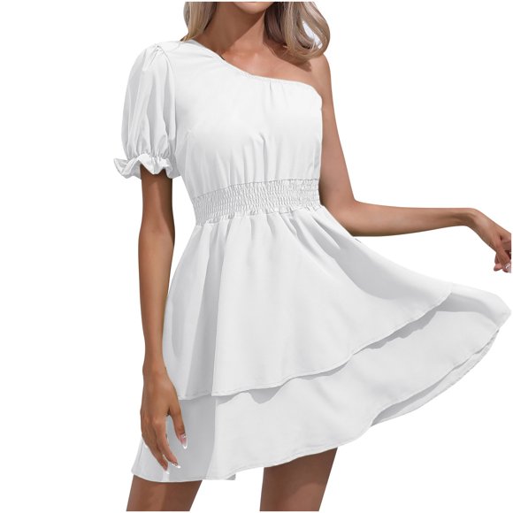 QUYUON One Shoulder Dresses for Women Casual Summer Short Sleeve Mini Dress Solid Color Elastic Waist Ruffle Tiered Pleasted A-Line Babydoll Dress Short Beach Sundress Style D-1928 White S
