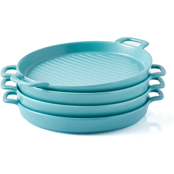 Bruntmor 8 Inch Ceramic Set Of 4 Oven to Table Bakeware Matte Round Baking Dish Grill Dinner Plates, Food Serving Dinner Trays, Light Blue