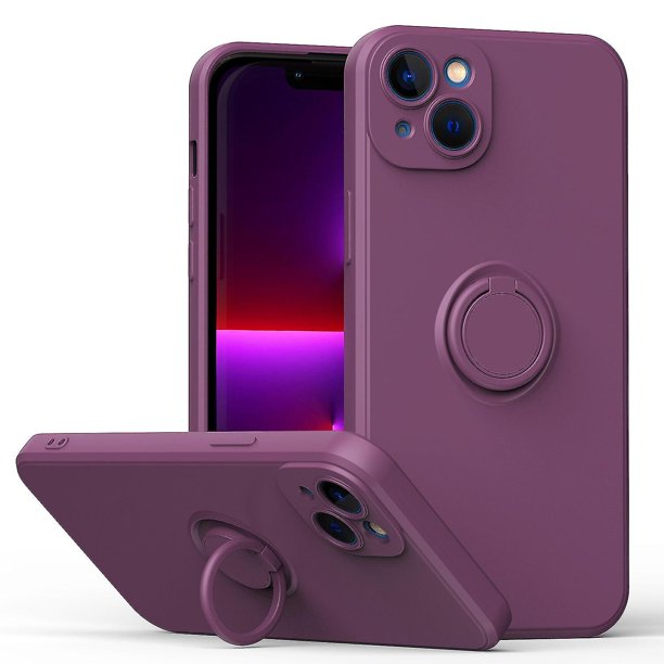 Funda de color sencillo para iPhone 14 Plus con soporte de anillo, placa metálica para carga magnética, diseño antigolpes y soporte giratorio de 360 grados.