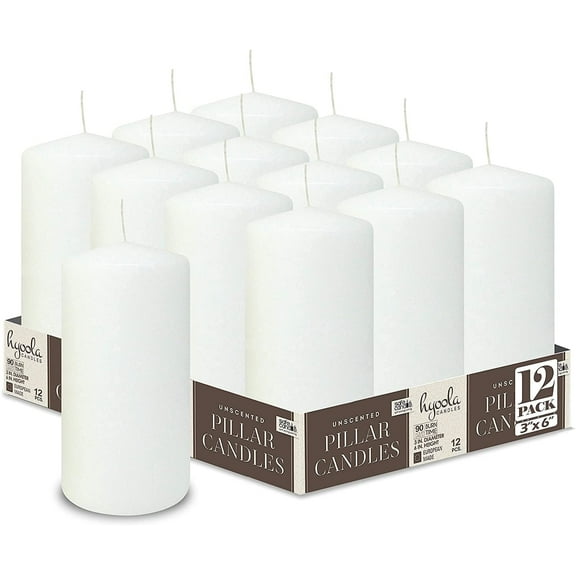 Hyoola 3 x 6 White Unscented European Made Pillar Candles, Dripless Paraffin Wax with Smokeless Cotton Wicks, 12-Pack
