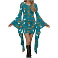 thumbnail image 3 of Frostluinai Womens Gothic Witch Irregular Bell Sleeve Dress Halloween Vintage Ghosts Print Crew Neck Party Bodycon Mini Dress, 3 of 6