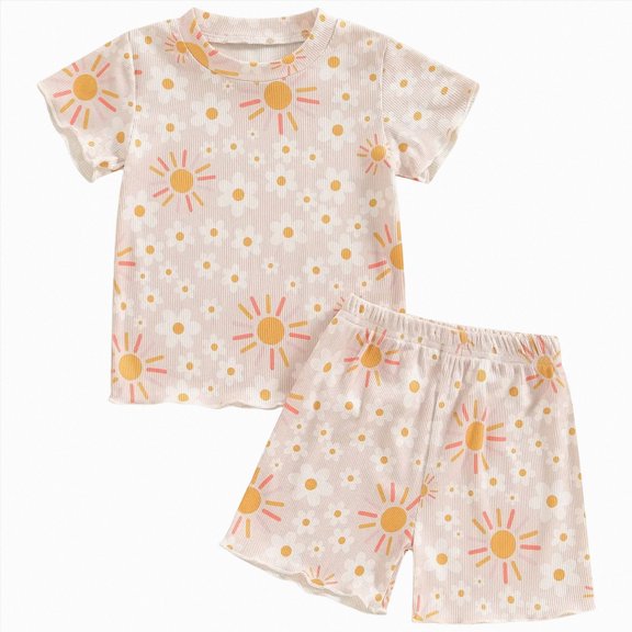 felwors Tie Pajamas Girls Soft Pandas Butterfly Big Summer Sleepwear 2-Piece Short Set,Beige,4-5Y