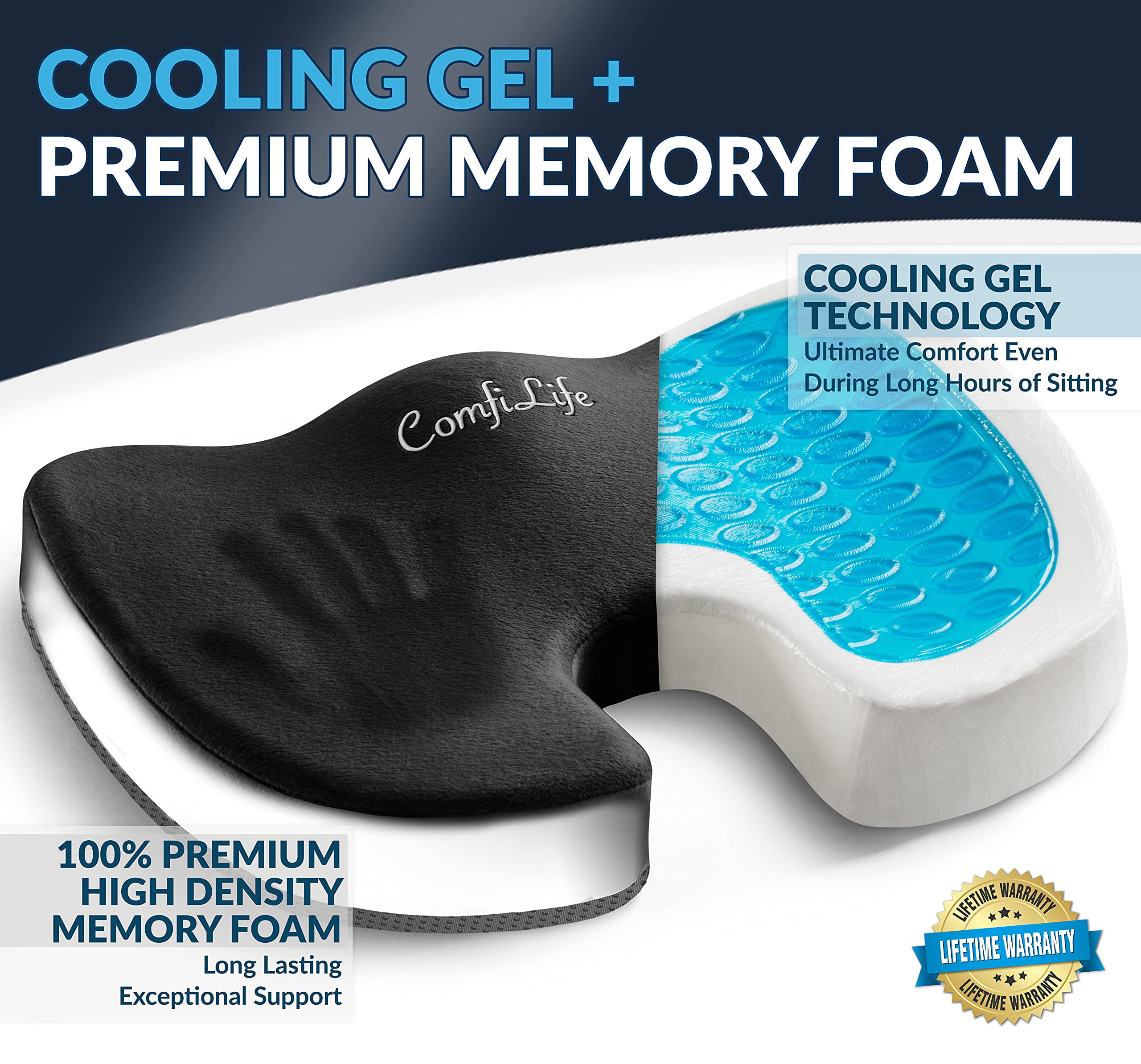 Tektrum Orthopedic Cool Gel Enhanced Seat Cushion, Gel Memory Foam Coccyx  Cushion for Back Pain, Sciatica, Tailbone, Prostate, Sitting Long Hours