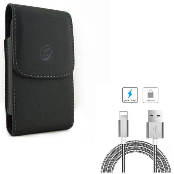 Leather Case Belt Clip w 3ft Metal USB Cable for iPhone XS X 8 7 6S 6 - Holster Cover Pouch Vertical Carry Protective, Charger Cord Power Wire Sync Fast Charge Data