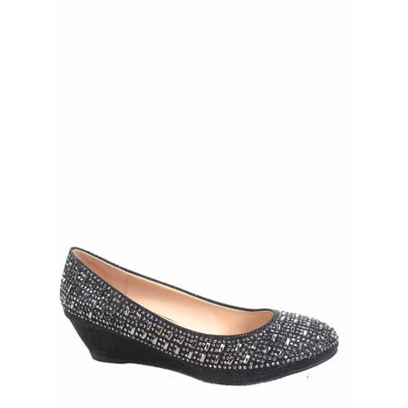 

Fisher-3 Women s Slip On Glitter Rhinstone Closed Toe Low Wedge Heel Pump Shoes