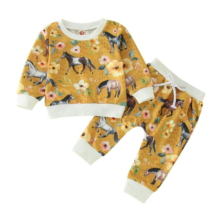 

Baby Outfits with Headbands Toddler Girls Winter Long Sleeve Cow Prints Tops Pants 2PCS Outfits Clothes Set For Babys Clothes Yellow Black