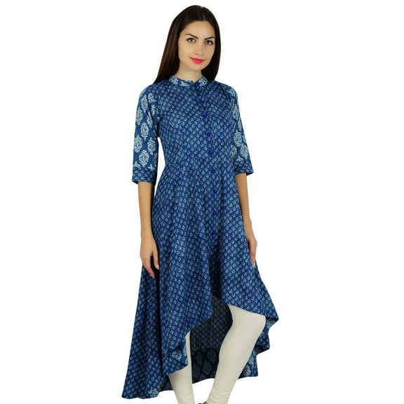 Bimba Womens Kurta Designer Kurti Mandarin Collar Block Print Chic Fashion Dress