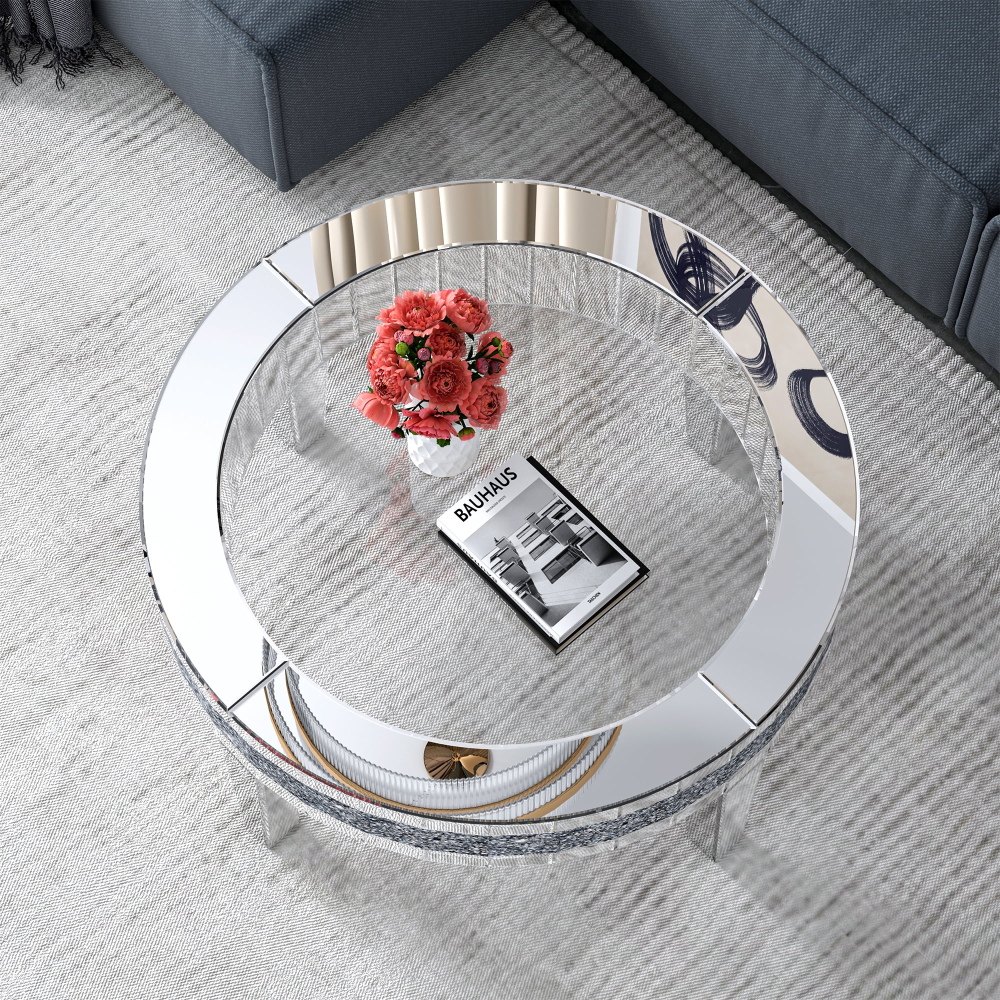 35.5'' Round Glass Top Coffee Table with Crystal Inlay Modern Round Coffee Table Silver Accent Table for Living Room Decor