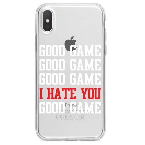 DistinctInk Clear Shockproof Hybrid Case for iPhone XR (6.1" Screen) - TPU Bumper Acrylic Back Tempered Glass Screen Protector - Good Game I Hate You Good Game