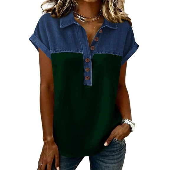 Nestiefly Denim Shirts for Women Button Up V Neck Lapel Collar Casual Short Sleeve Fashion Patchwork Western Blouses 2026 Dark Green 3XL