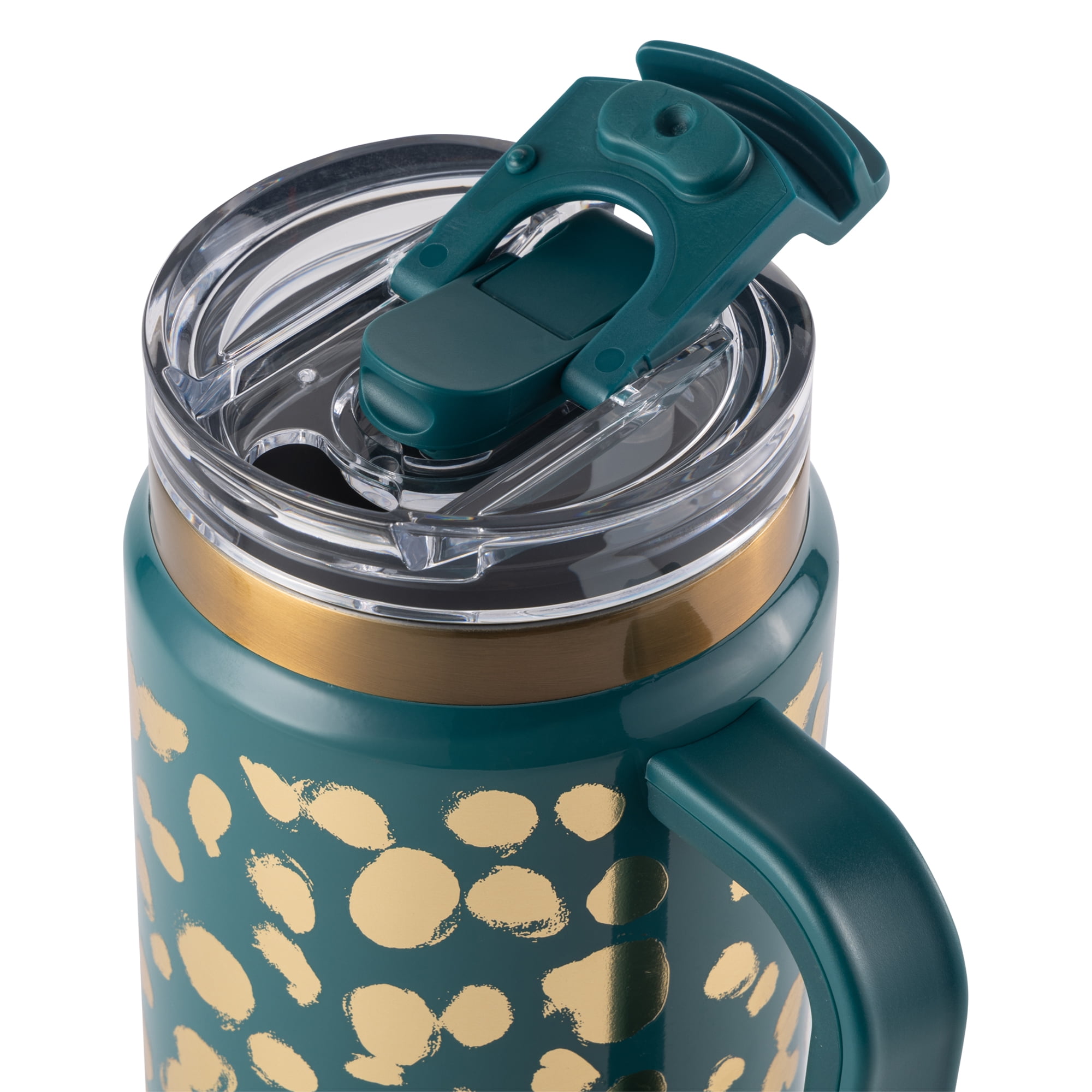 Thyme & Table Luna 32 fl oz Stainless Steel Tumbler with Handle and 2-in-1 Lid, Teal & Gold Dot