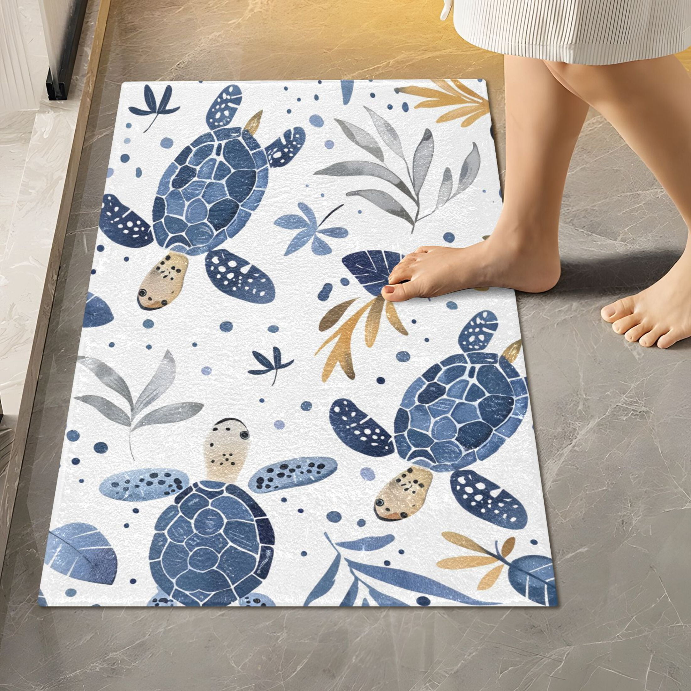 Toilet Rug Set Non-Slip Bathroom Rugs Soft Plush Machine Washable Contour Bath Mat Turtle with Seaweed 24x20/24x16
