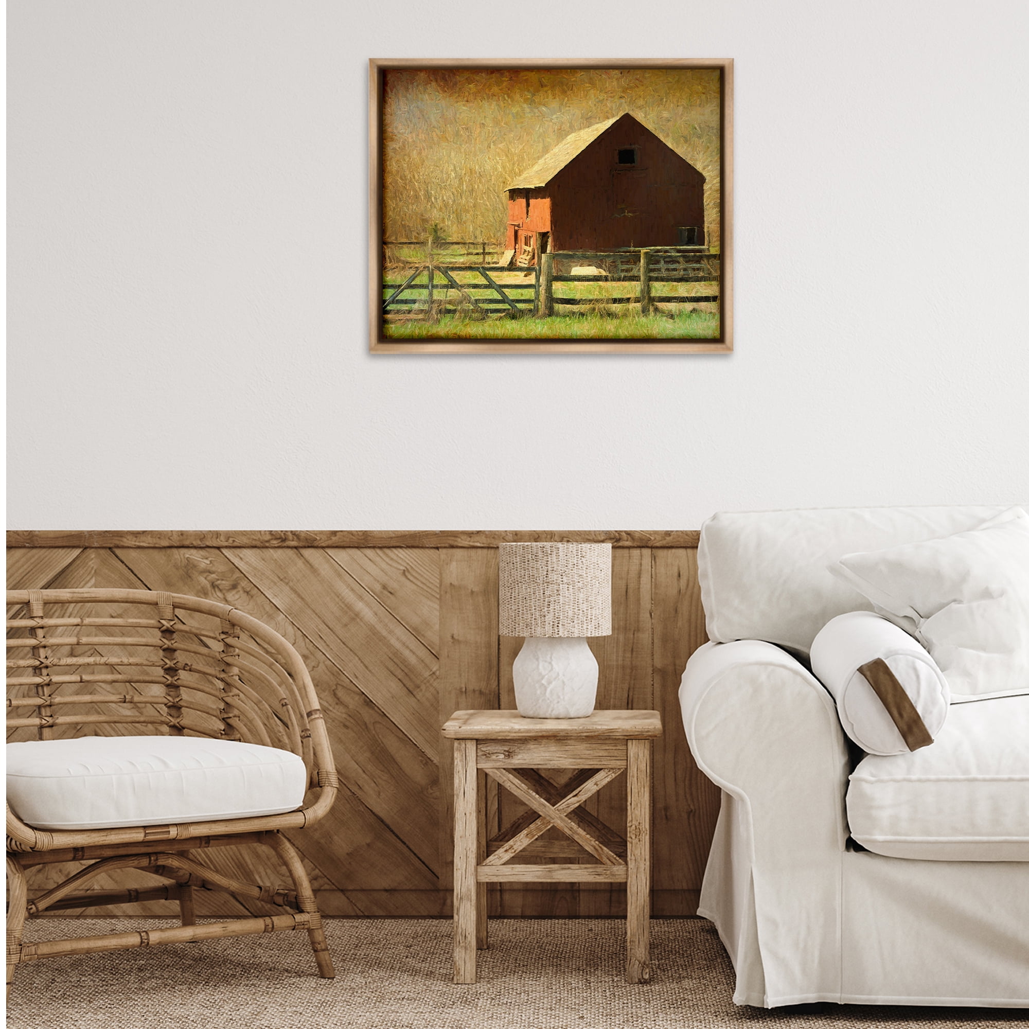 Stupell Industries Red Barn Distressed Pattern Landscape & Nature Painting Brown Floater Framed Canvas Art Print Wall Art, 31 x 25