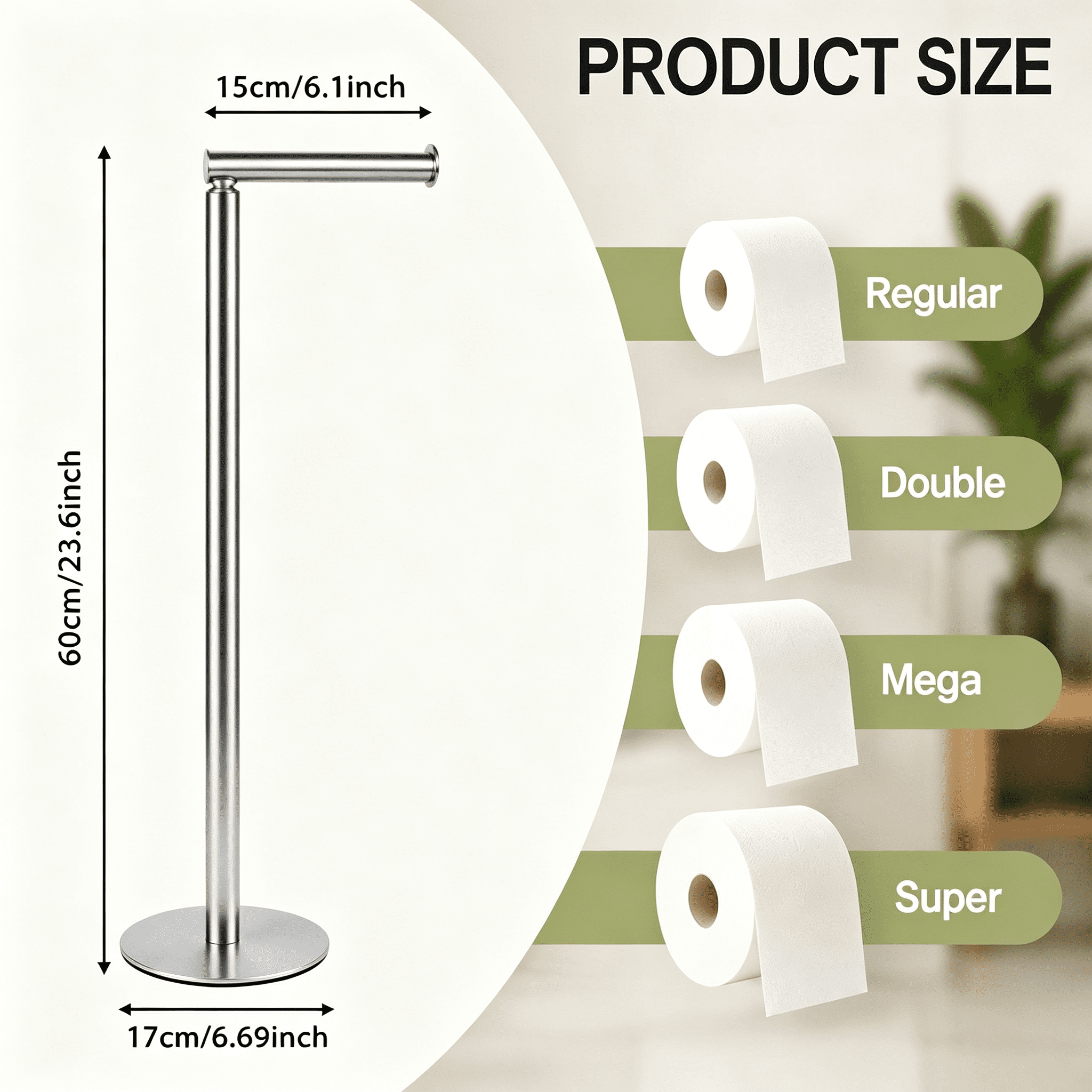 GARITIN Freestanding Toilet Paper Holder Stand, Stainless Steel Toilet Paper Roll Holder with 4‑Roll Reserve Storage, Bathroom Floor Toilet Paper Organizer