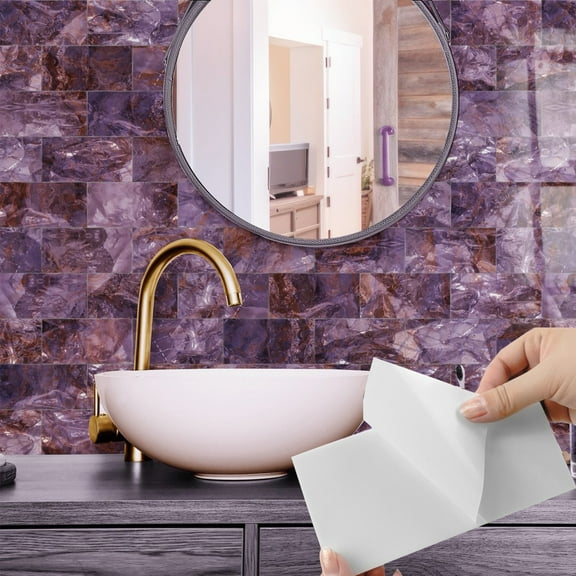 8 Pcs Peel and Stick Purple and Brown Marbling Wall Stickers Tiles Decals 8" x 4" Waterproof PVC DIY Decor Kitchen Backsplash Tile